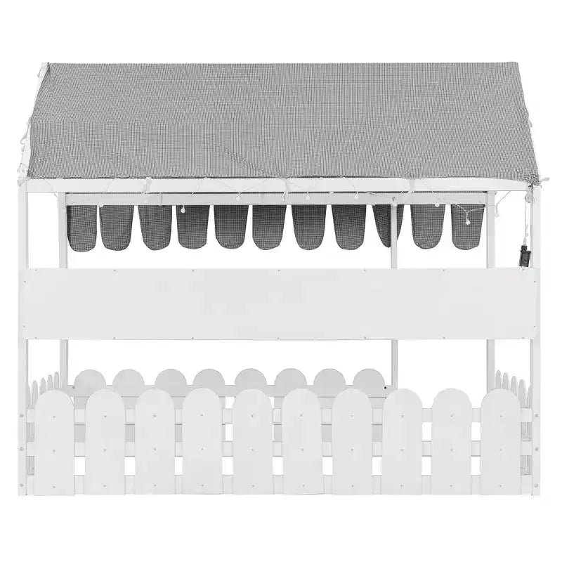 Lit au sol en forme de maison double Luxystar avec baldaquin éclairé, étagères de rangement et clôture