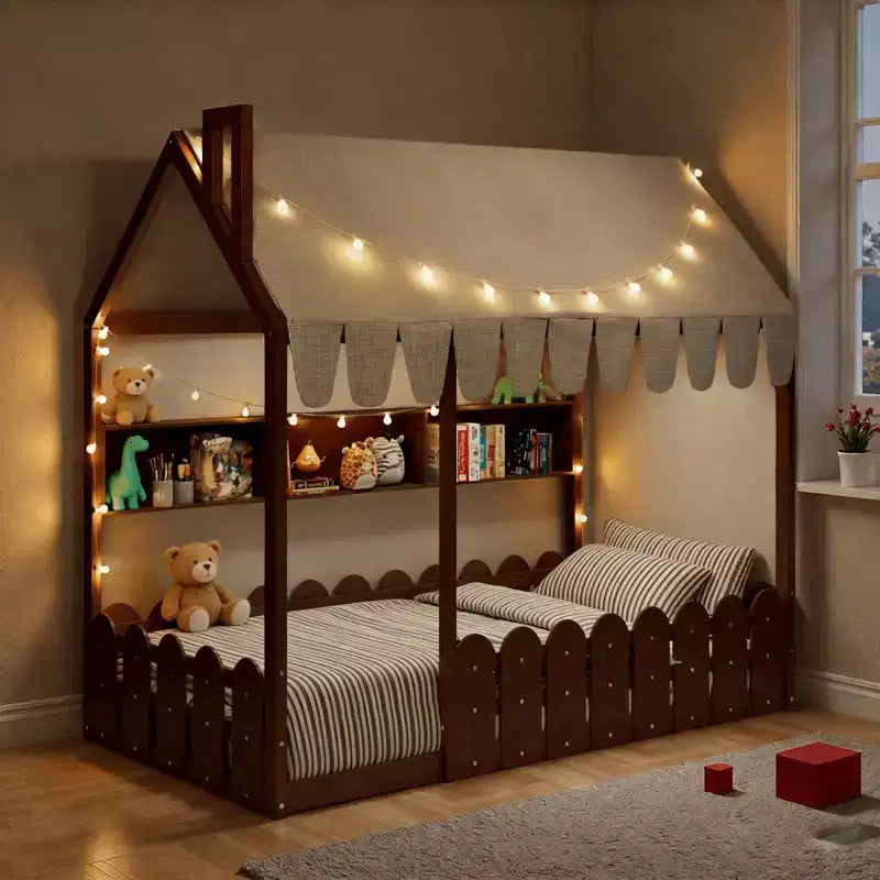 Luxystar Twin Size House Shape Floor Bed With Lighted Canopy, Storage Shelves and Fence