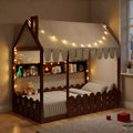 Luxystar Twin Size House Shape Floor Bed With Lighted Canopy, Storage Shelves and Fence