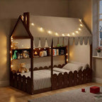 Luxystar Twin Size House Shape Floor Bed With Lighted Canopy, Storage Shelves and Fence