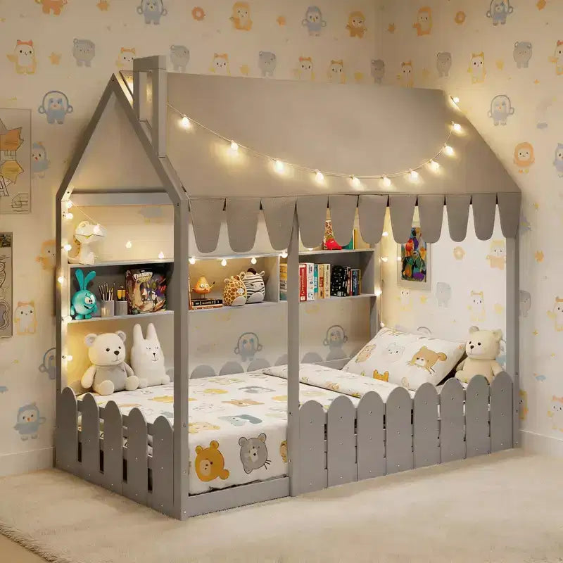 Lit au sol en forme de maison double Luxystar avec baldaquin éclairé, étagères de rangement et clôture
