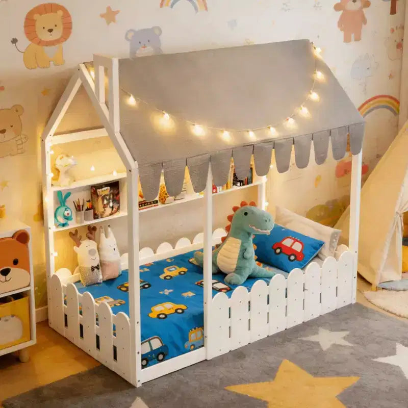 Lit au sol en forme de maison double Luxystar avec baldaquin éclairé, étagères de rangement et clôture