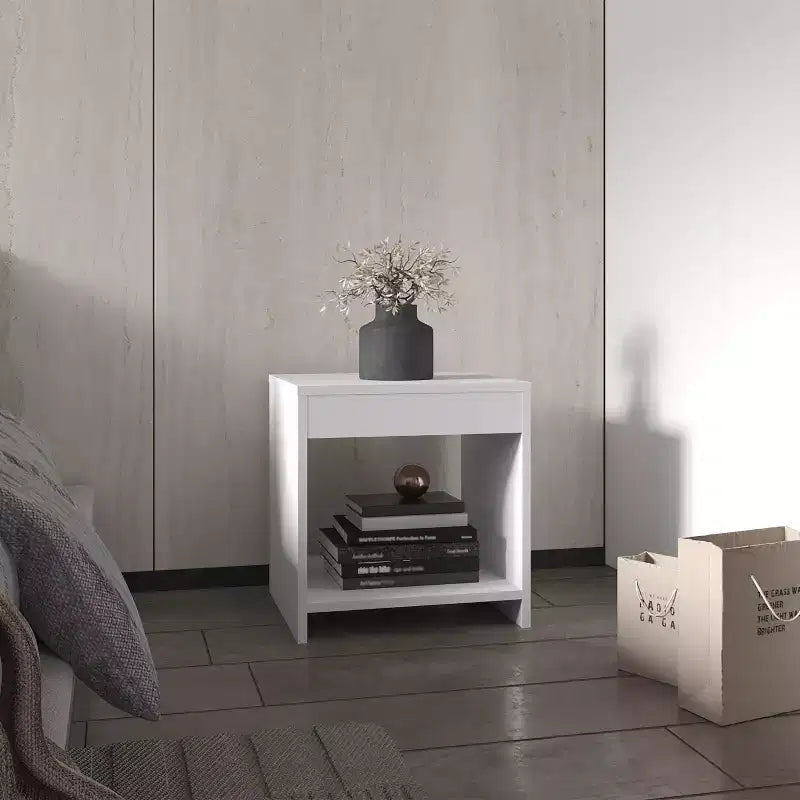 Designed for everyday convenience, this Chroma 16.5 Tall Minimalistic Nightstand with open shelf offers a modern look with functional storage,.