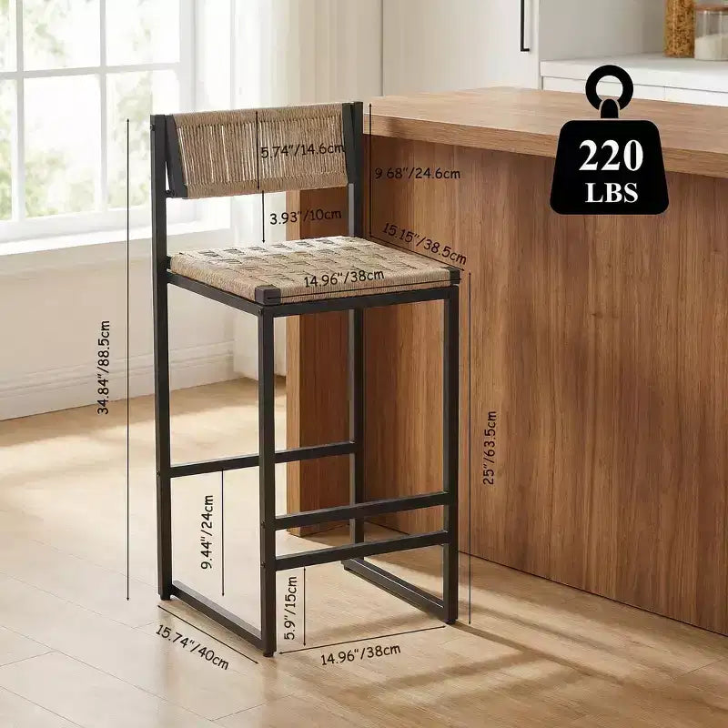JVNOXK Lot de 2 tabourets de bar de cuisine à hauteur de comptoir en corde de papier tressée avec repose-pieds, noir et miel