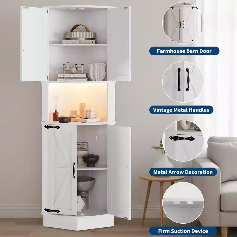64.6 Armoire d'angle de ferme, meuble de rangement haut à 5 niveaux avec 4 portes de grange, placard de garde-manger autoportant pour salon et cuisine