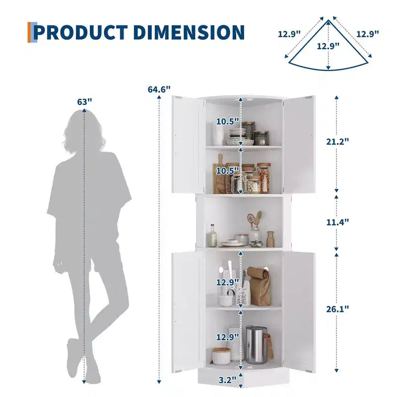 64.6 Armoire d'angle de ferme, meuble de rangement haut à 5 niveaux avec 4 portes de grange, placard de garde-manger autoportant pour salon et cuisine