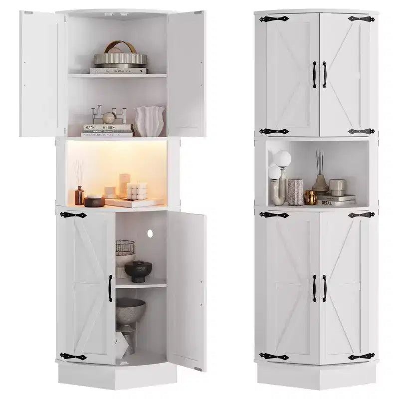 64.6 Armoire d'angle de ferme, meuble de rangement haut à 5 niveaux avec 4 portes de grange, placard de garde-manger autoportant pour salon et cuisine