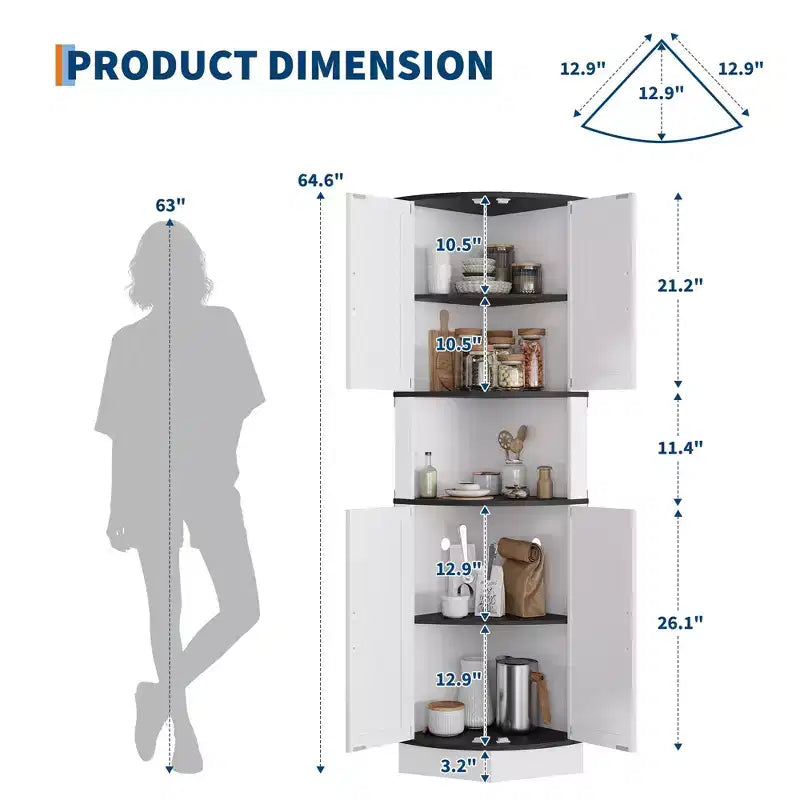 64.6 Armoire d'angle de ferme, meuble de rangement haut à 5 niveaux avec 4 portes de grange, placard de garde-manger autoportant pour salon et cuisine