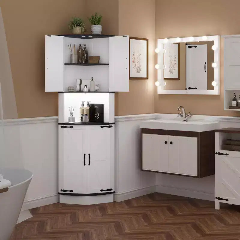 64.6 Armoire d'angle de ferme, meuble de rangement haut à 5 niveaux avec 4 portes de grange, placard de garde-manger autoportant pour salon et cuisine