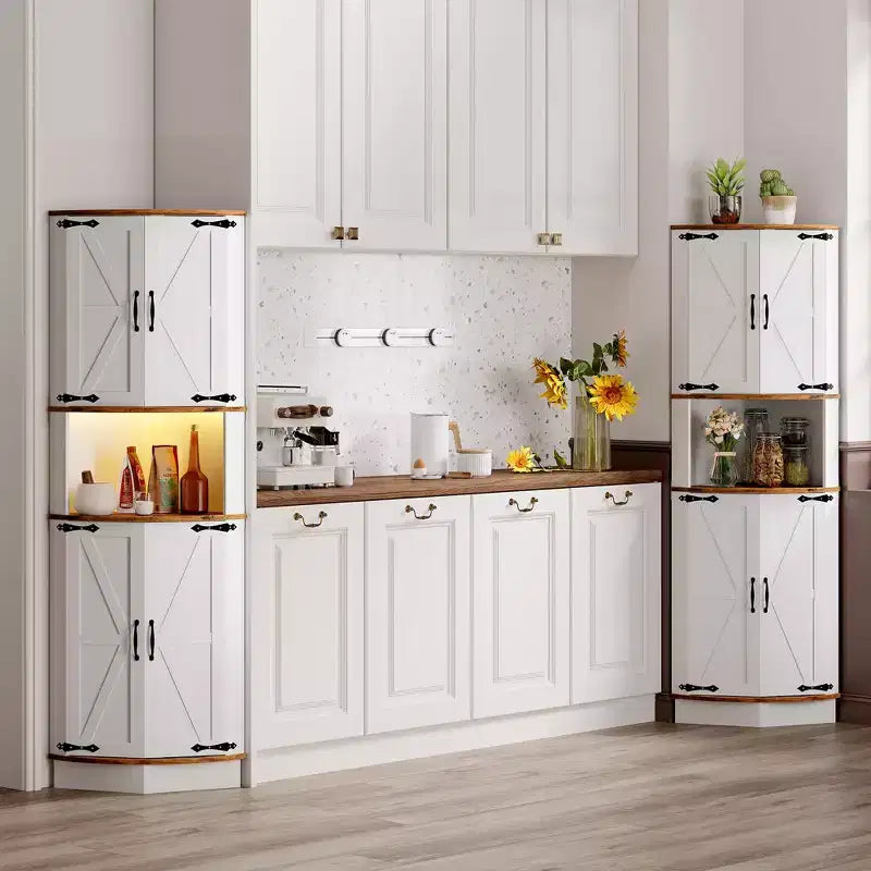 64.6 Armoire d'angle de ferme, meuble de rangement haut à 5 niveaux avec 4 portes de grange, placard de garde-manger autoportant pour salon et cuisine