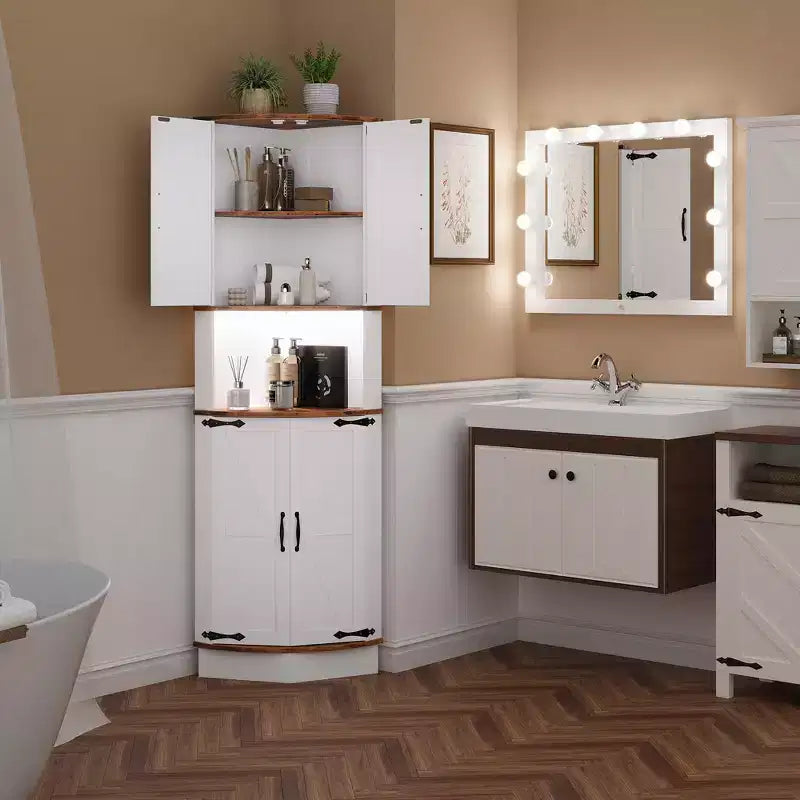 64.6 Armoire d'angle de ferme, meuble de rangement haut à 5 niveaux avec 4 portes de grange, placard de garde-manger autoportant pour salon et cuisine