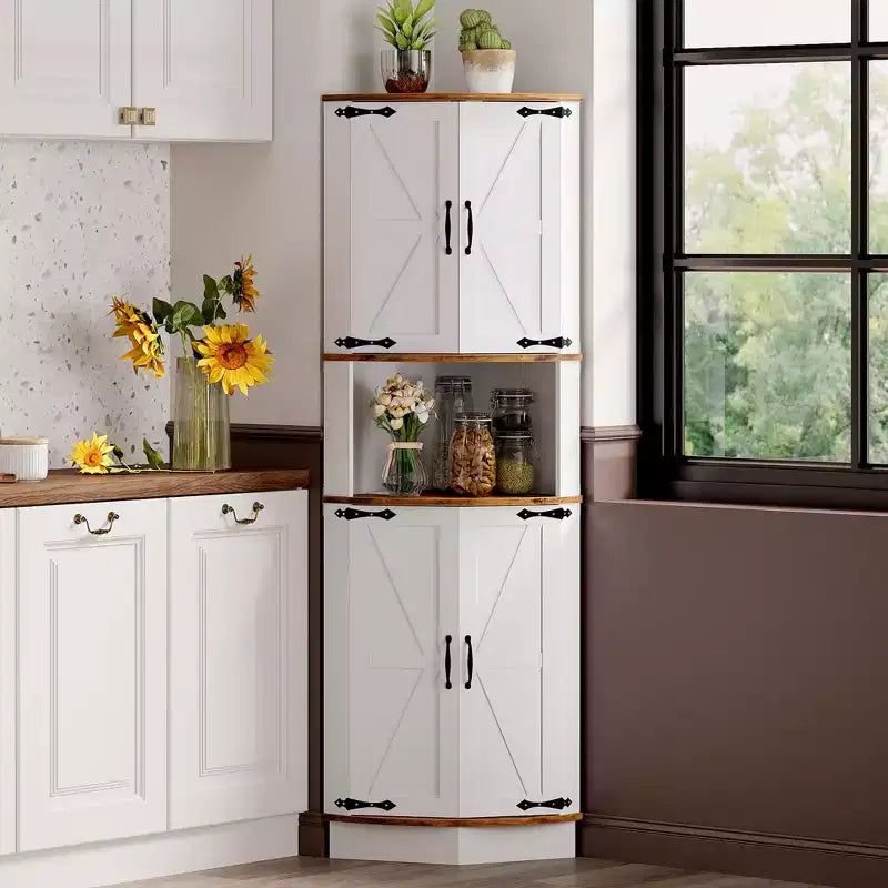 64.6 Armoire d'angle de ferme, meuble de rangement haut à 5 niveaux avec 4 portes de grange, placard de garde-manger autoportant pour salon et cuisine