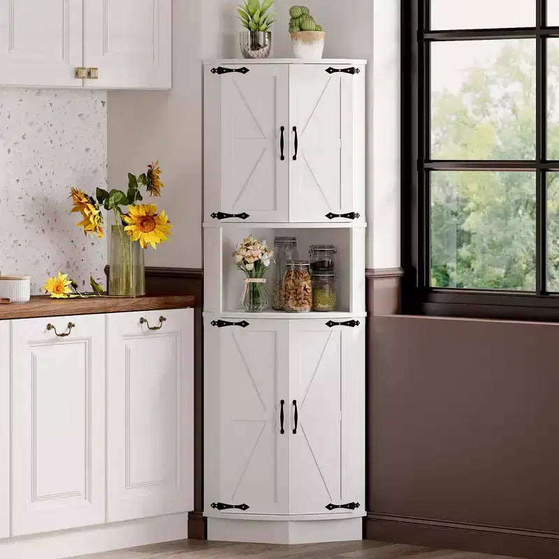 64.6 Armoire d'angle de ferme, meuble de rangement haut à 5 niveaux avec 4 portes de grange, placard de garde-manger autoportant pour salon et cuisine