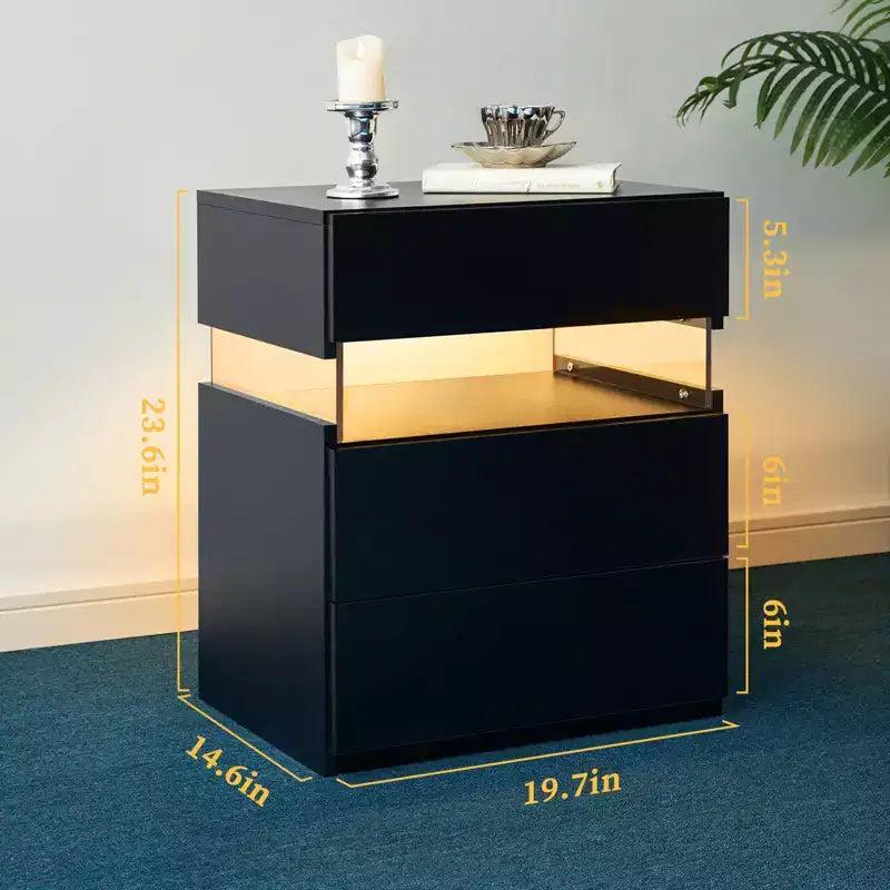 Table de Chevet à 3 Tiroirs avec Lumière LED pour Chambre à Coucher ou Salon