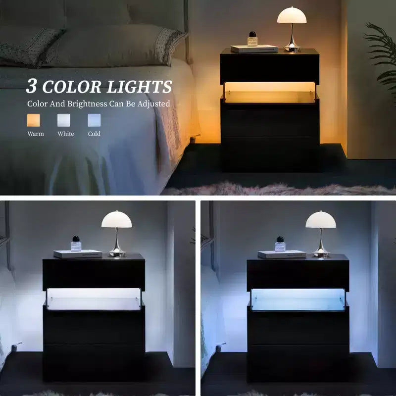 Table de Chevet à 3 Tiroirs avec Lumière LED pour Chambre à Coucher ou Salon