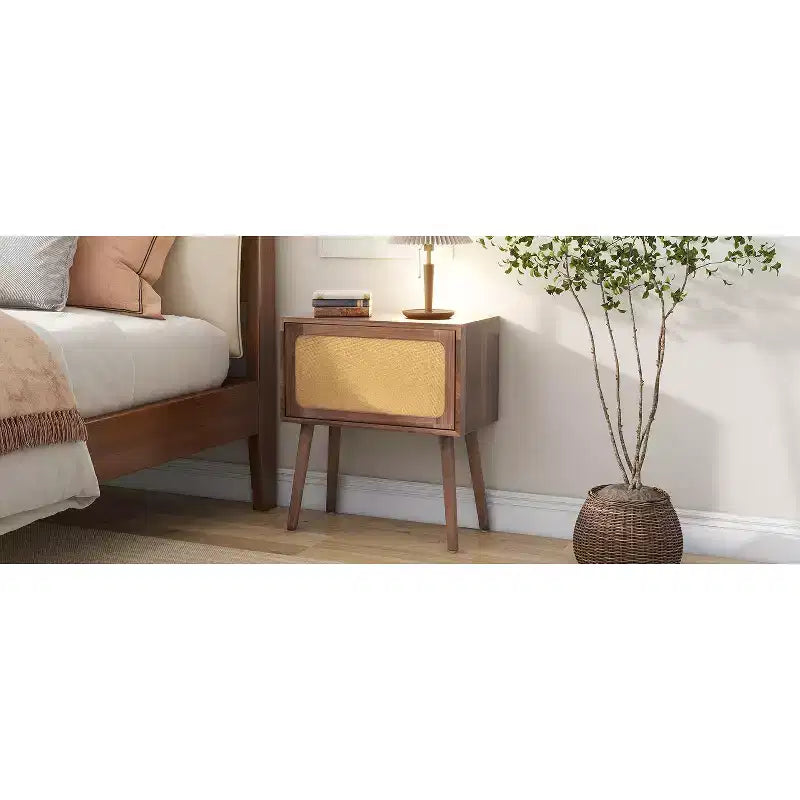 Table de chevet rotative cachée en rotin de style bohème pour chambre à coucher et salon