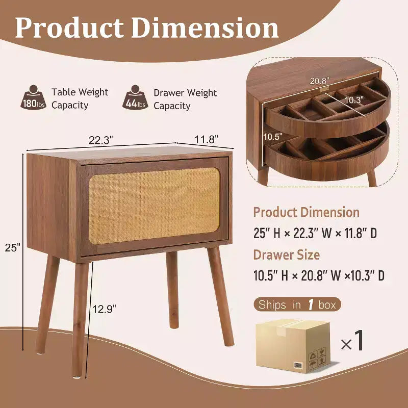Table de chevet rotative cachée en rotin de style bohème pour chambre à coucher et salon