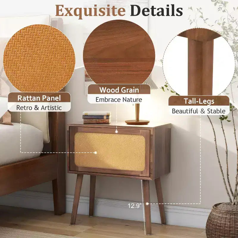 Table de chevet rotative cachée en rotin de style bohème pour chambre à coucher et salon