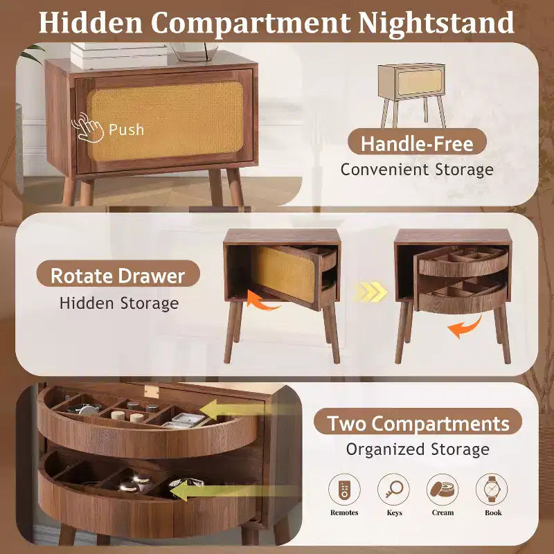 Table de chevet rotative cachée en rotin de style bohème pour chambre à coucher et salon