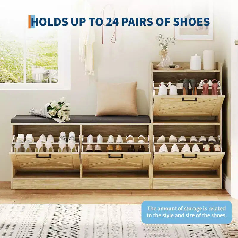 Banc d'entrée et meuble à chaussures avec 4 tiroirs basculants pour un rangement organisé dans l'entrée, le couloir, le salon