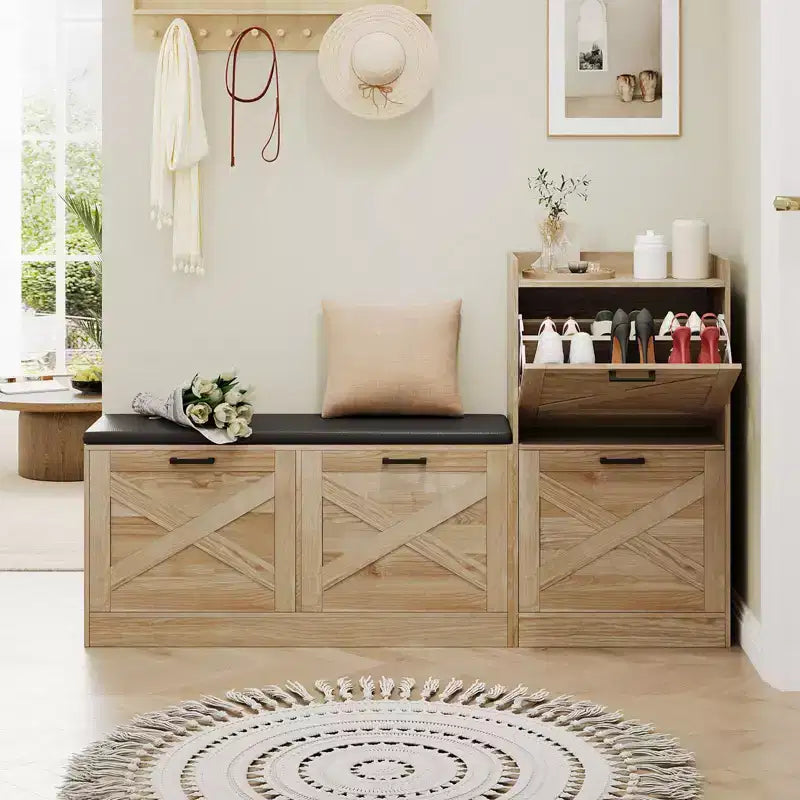 Banc d'entrée et meuble à chaussures avec 4 tiroirs basculants pour un rangement organisé dans l'entrée, le couloir, le salon