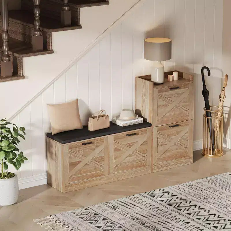 Banc d'entrée et meuble à chaussures avec 4 tiroirs basculants pour un rangement organisé dans l'entrée, le couloir, le salon