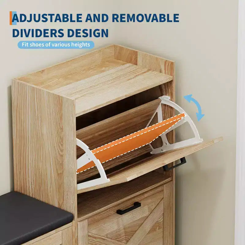 Banc d'entrée et meuble à chaussures avec 4 tiroirs basculants pour un rangement organisé dans l'entrée, le couloir, le salon