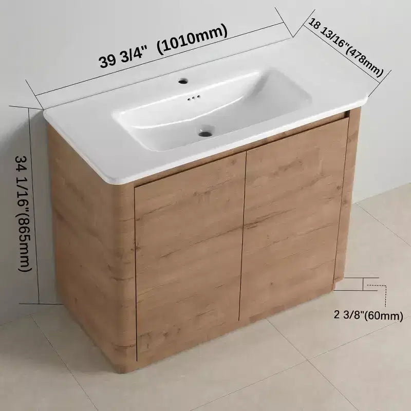 JVNOXK 40 Meuble-lavabo autoportant pour salle de bain avec évier en céramique blanche et 2 portes à fermeture amortie, contreplaqué