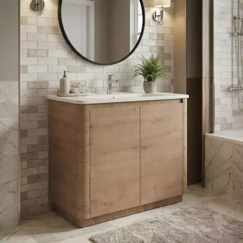 JVNOXK 40 Meuble-lavabo autoportant pour salle de bain avec évier en céramique blanche et 2 portes à fermeture amortie, contreplaqué