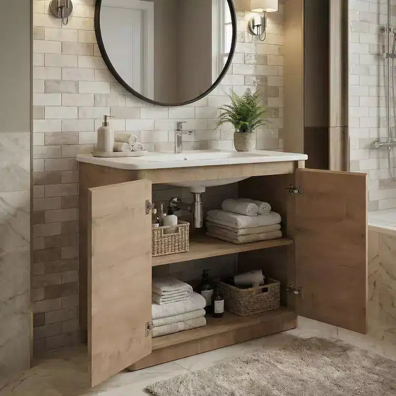 JVNOXK 40 Meuble-lavabo autoportant pour salle de bain avec évier en céramique blanche et 2 portes à fermeture amortie, contreplaqué