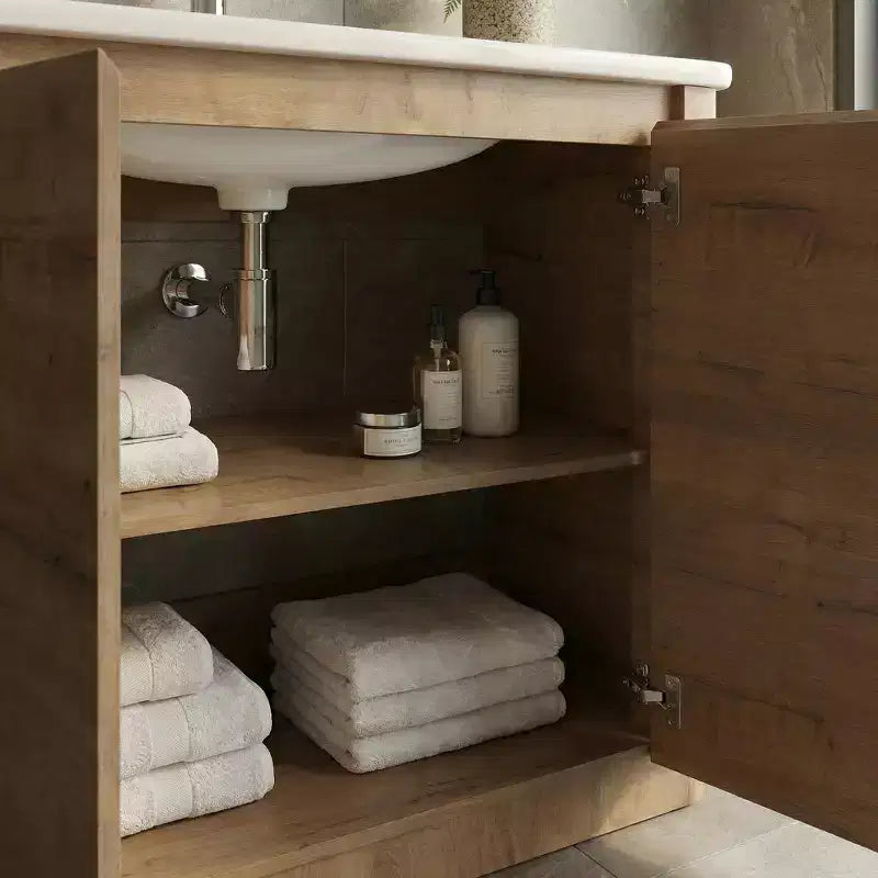 JVNOXK 40 Meuble-lavabo autoportant pour salle de bain avec évier en céramique blanche et 2 portes à fermeture amortie, contreplaqué