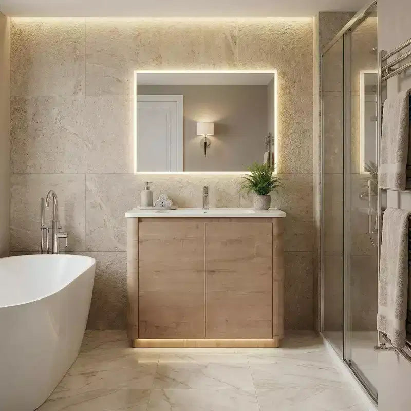 JVNOXK 40 Meuble-lavabo autoportant pour salle de bain avec évier en céramique blanche et 2 portes à fermeture amortie, contreplaqué