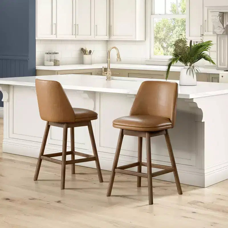 ROME + OAK Tabouret de comptoir pivotant Rowan 26, fini noyer et cuir marron, paquet de 2