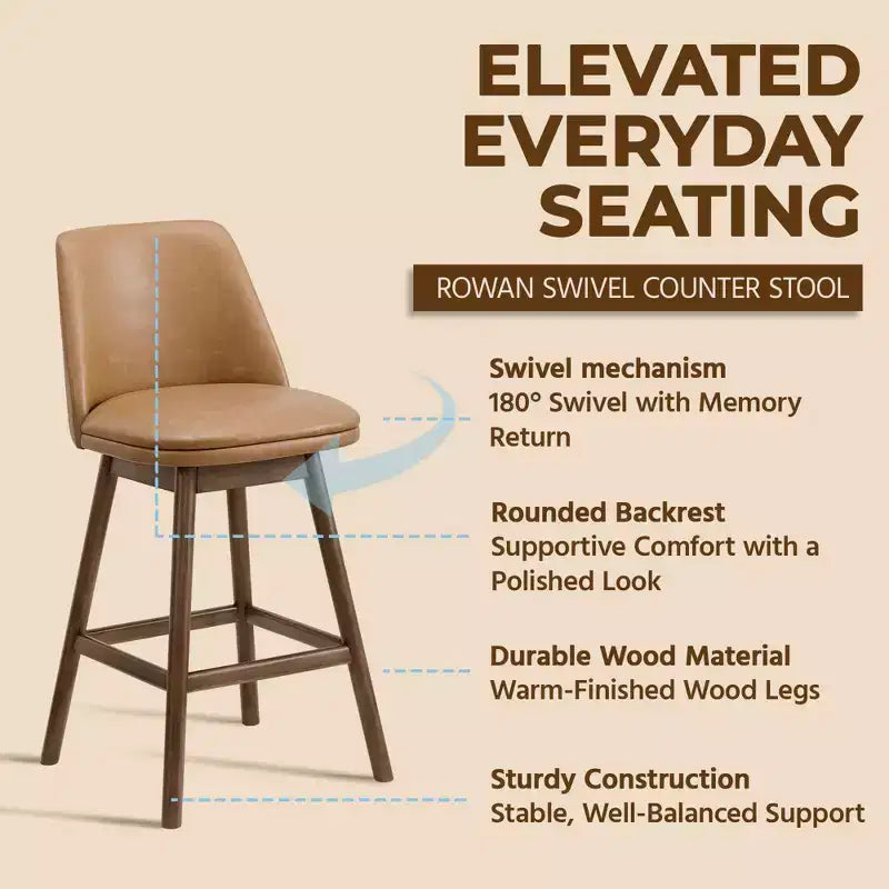 ROME + OAK Tabouret de comptoir pivotant Rowan 26, fini noyer et cuir marron, paquet de 2