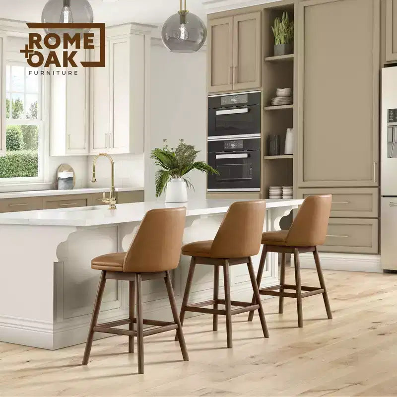 ROME + OAK Tabouret de comptoir pivotant Rowan 26, fini noyer et cuir marron, paquet de 2