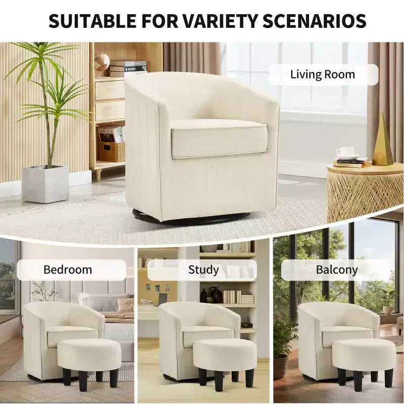 Fauteuil pivotant avec ottomane Bestier, fauteuil club de forme tonneau avec un design aux lignes épurées pour salon et chambre, fauteuil de lecture rond