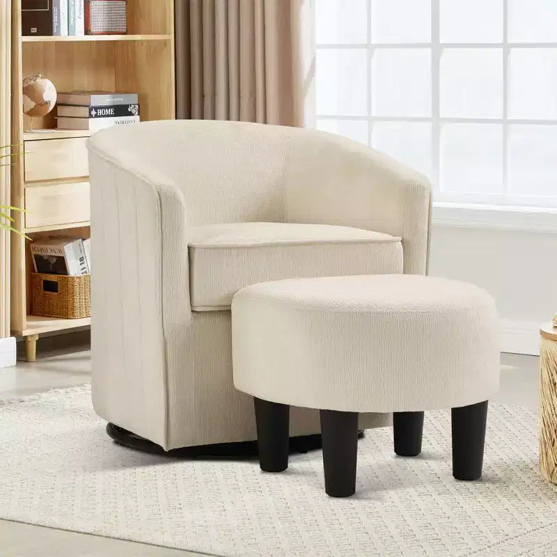 Fauteuil pivotant avec ottomane Bestier, fauteuil club de forme tonneau avec un design aux lignes épurées pour salon et chambre, fauteuil de lecture rond
