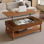 JVNOXK 47.24 Table basse vintage marron à plateau relevable, assemblage sans outils en bois massif avec détails cannelés et pieds romains massifs, bureau classique à plateau relevable