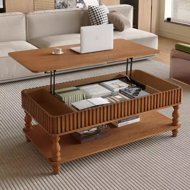 JVNOXK 47.24 Table basse vintage marron à plateau relevable, assemblage sans outils en bois massif avec détails cannelés et pieds romains massifs, bureau classique à plateau relevable