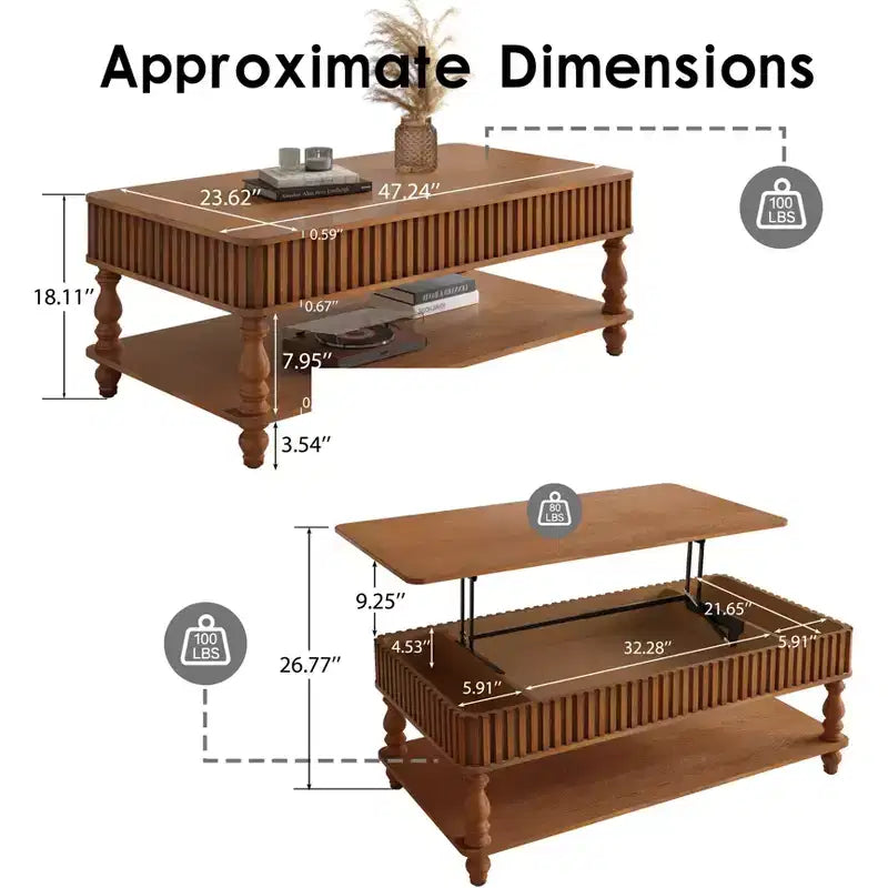 JVNOXK 47.24 Table basse vintage marron à plateau relevable, assemblage sans outils en bois massif avec détails cannelés et pieds romains massifs, bureau classique à plateau relevable