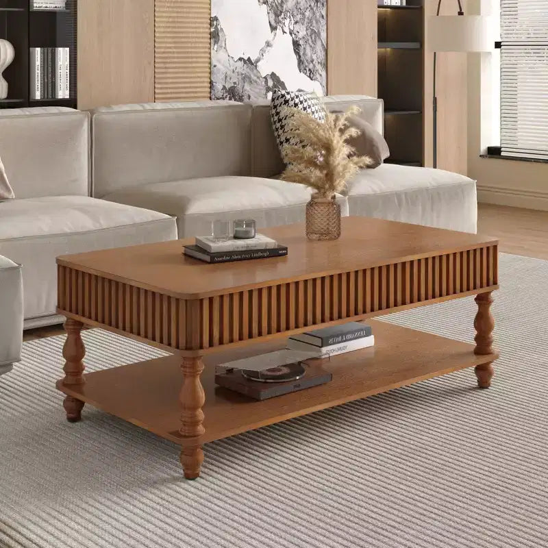 JVNOXK 47.24 Table basse vintage marron à plateau relevable, assemblage sans outils en bois massif avec détails cannelés et pieds romains massifs, bureau classique à plateau relevable
