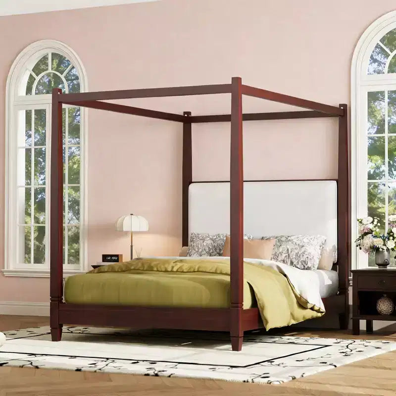 Lit à baldaquin moderne Luxystar avec tête de lit rembourrée pour chambre à coucher