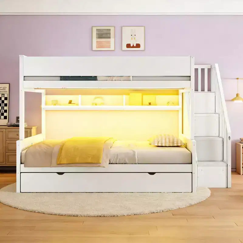 Luxystar Lit superposé Full XL au-dessus de Queen avec lit gigogne, étagères de rangement, escalier et lumière