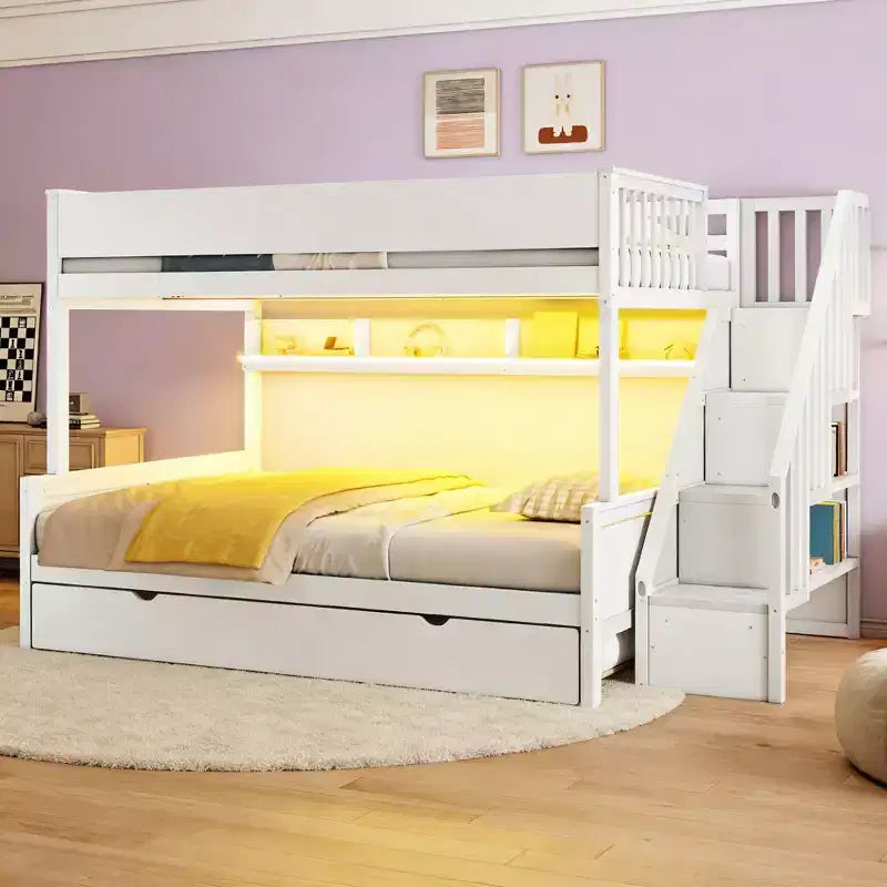 Luxystar Lit superposé Full XL au-dessus de Queen avec lit gigogne, étagères de rangement, escalier et lumière