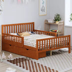 Lit plateforme tout en bois avec barrières de sécurité et 2 tiroirs de rangement, Noyer