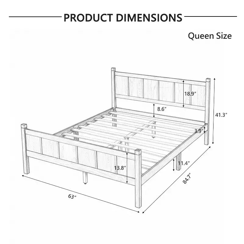 Lit plateforme Queen à panneaux plats avec tête de lit et pied de lit, cadre de lit de style Shaker en grain de bois, noyer foncé