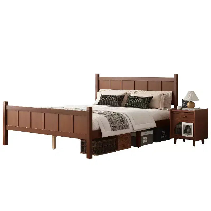 Lit plateforme Queen à panneaux plats avec tête de lit et pied de lit, cadre de lit de style Shaker en grain de bois, noyer foncé