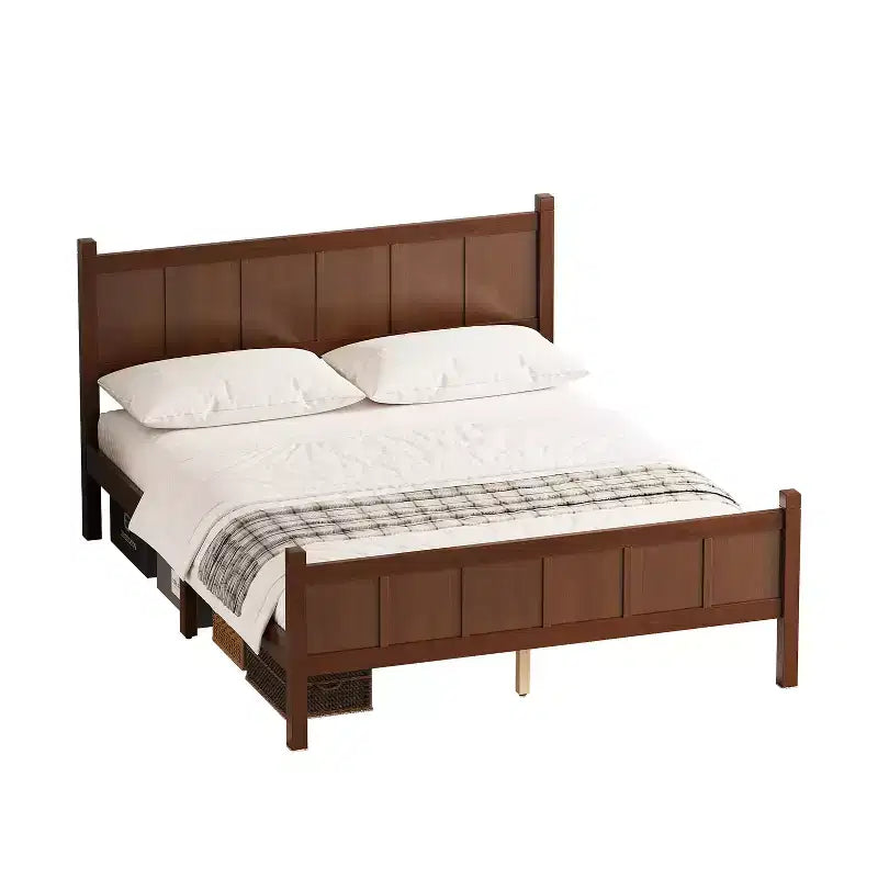 Lit plateforme Queen à panneaux plats avec tête de lit et pied de lit, cadre de lit de style Shaker en grain de bois, noyer foncé