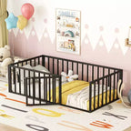 MAYEERTY Metal Floor Bed Frame with Fence and Openable Door Kids Play and Sleep Space
