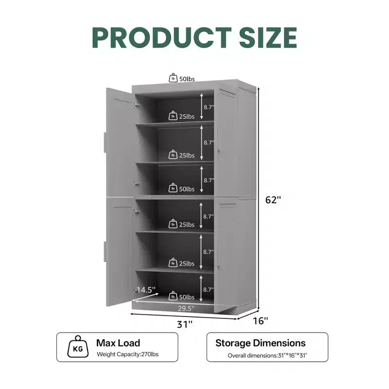 PexFix Armoire de cuisine 62 po H, autoportante, à 4 portes, avec étagères réglables, placard de rangement robuste avec surface anti-rayures